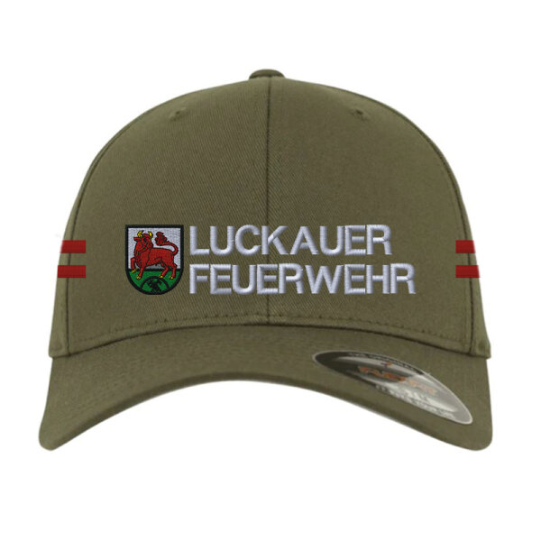 Wooly Combed Cap FLEXFIT Olive - Stick Wappen+Feuerwehr Luckau+ZF-Streifen bds. rot